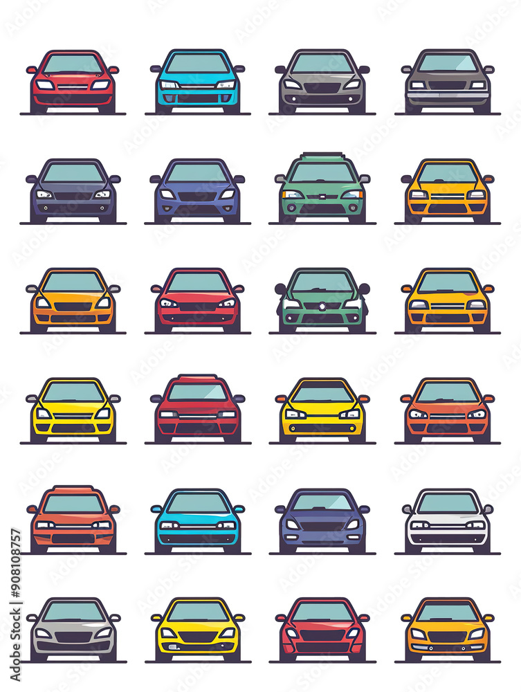 Front View of Twenty Car Illustrations in Various Colors.., generative ai image Front View of Twenty Car Illustrations in Various Colors.., generative ai image