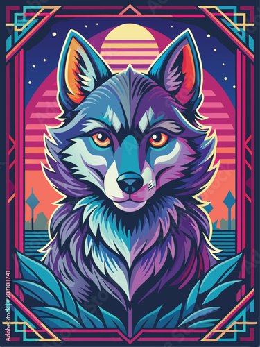 Wolf Portrait with Neon Sunset and Geometric Frame