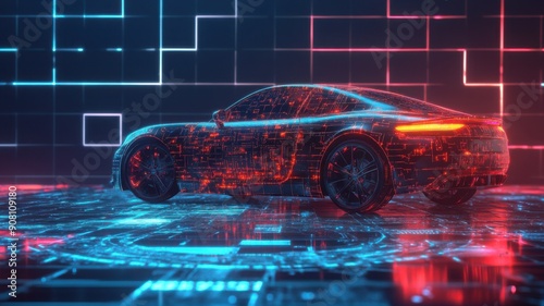 A giant puzzle background with AI motifs representing the automotive industry.  photo