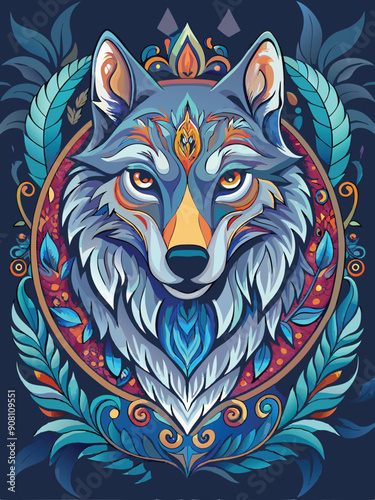 Wolf Head with Ornamental Frame and Blue Floral Motifs