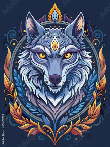 A stylized wolf's head surrounded by ornate floral patterns