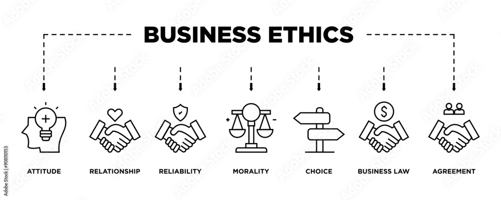 Business ethics banner web icon vector illustration concept with icon of attitude, relationship, reliability, morality, choice, business law and agreement Business ethics banner web icon vector illustration concept with icon of attitude, relationship, reliability, morality, choice, business law and agreement