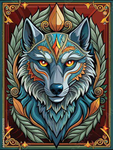 Ornate Blue Wolf Head with Floral Frame