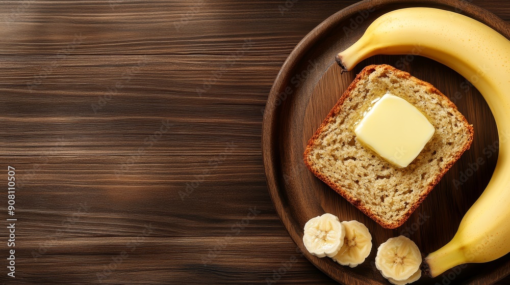 A close-up of a moist banana bread slice with a pat of melting butter, on a rustic wooden plate, copy space for text, high-resolution photo, realistic photo A close-up of a moist banana bread slice with a pat of melting butter, on a rustic wooden plate, copy space for text, high-resolution photo, realistic photo