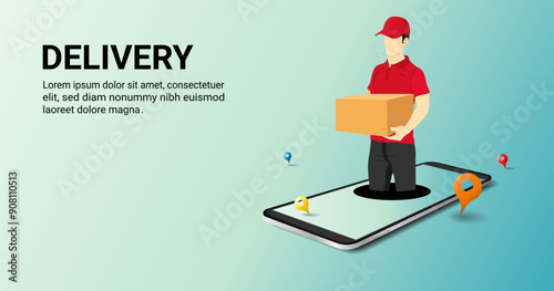 3d Vector illustration. Delivery courier man holding Parcel Box coming out of the mobile screen. Fast delivery, Online order, cardboard package box, online shopping, Online transport, delivery service