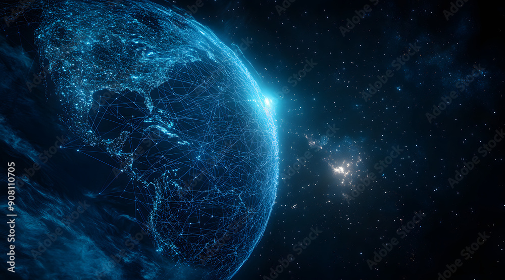 Blue Digital Network Extending Across the Earth Connecting Major Cities