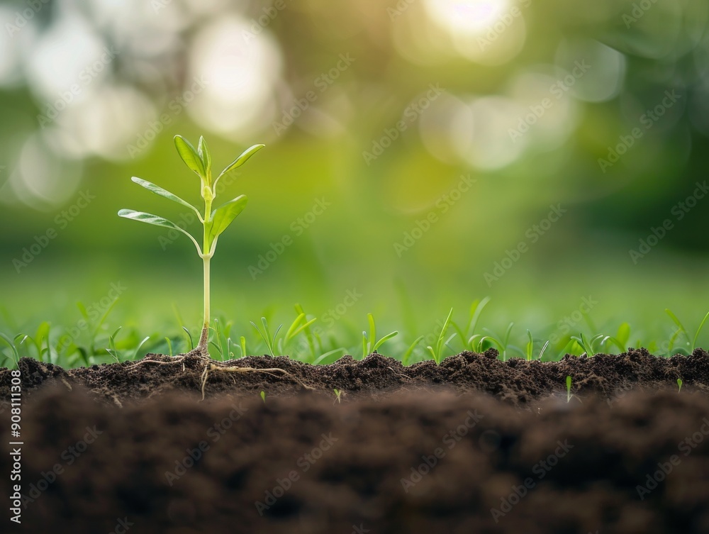 Fototapeta premium Medium shot of A slice of the earth, a side view, a sprout on the earth, roots entwine the sprout, grass grow on top, themed background,