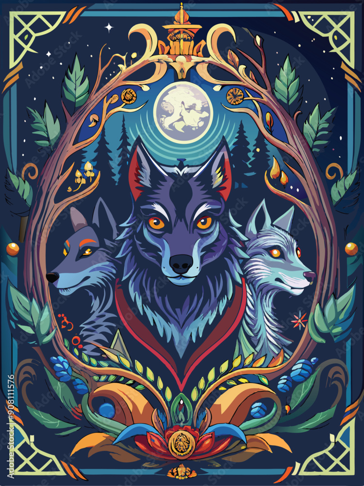 Obraz premium Three Wolves Surrounded by Forest and Moonlight