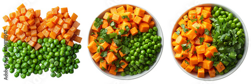 Set of A diced carrot and perfectly round, vivid, green, healthy, and fresh peas on a transparent background 