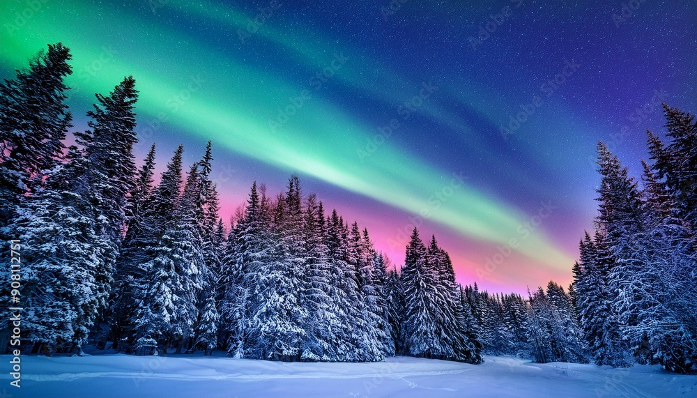 A vivid sky showcasing the Northern Lights (Aurora Borealis) over a snow-covered forest A vivid sky showcasing the Northern Lights (Aurora Borealis) over a snow-covered forest