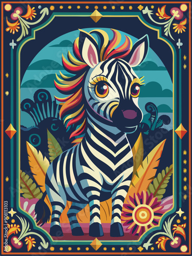 Colorful Framed Zebra with Floral Border