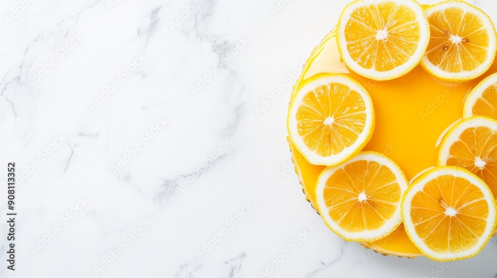 A detailed shot of a lemon drizzle cake with a glossy glaze and candied lemon slices on top, copy space for text, high-resolution photo, realistic photo A detailed shot of a lemon drizzle cake with a glossy glaze and candied lemon slices on top, copy space for text, high-resolution photo, realistic photo