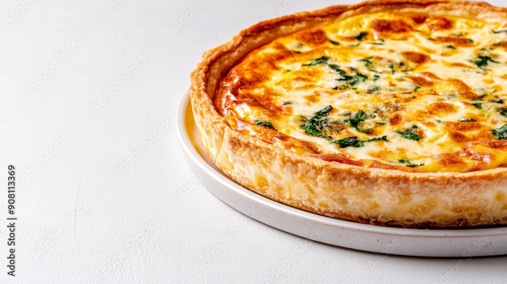 A detailed shot of a perfectly baked quiche with a golden crust and savory filling, on a ceramic plate, copy space for text, high-resolution photo, realistic photo A detailed shot of a perfectly baked quiche with a golden crust and savory filling, on a ceramic plate, copy space for text, high-resolution photo, realistic photo