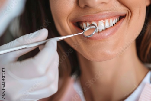 Smiling woman at a dental check-up. Close-up of a dentist inspecting teeth with a mirror tool. Emphasizes dental care, smile, and hygiene. Perfect for healthcare topics, articles or advertisements