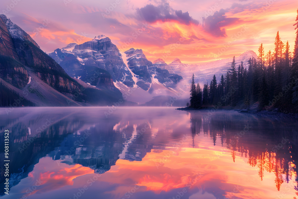 Fototapeta premium A Breathtaking Mountain Sunrise over a Tranquil Lake Reflecting the Colors of Dawn