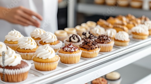 A display case in a bakery showcasing an assortment of cupcakes, tarts, and cookies, with a friendly baker behind the counter, copy space for text, high-resolution photo, realistic photo