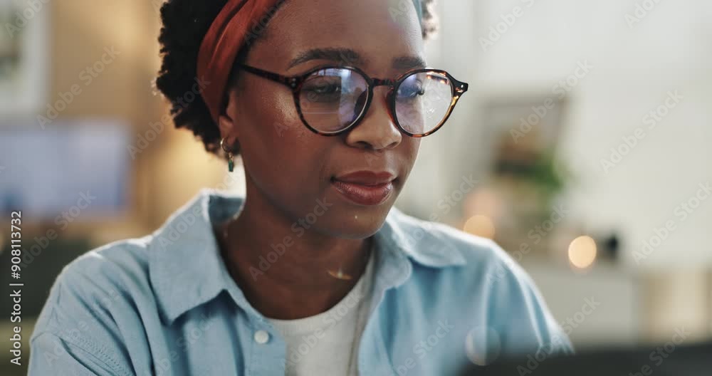Home, remote work and black woman with glasses by laptop for network, research and creative project. Small business, entrepreneur and person with tech for affiliate marketing, review and web traffic