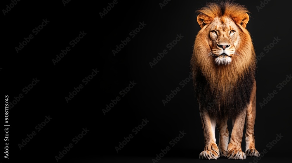 Fototapeta premium A majestic lion with a full, flowing mane, in a powerful stance on a solid black background, showcasing the intricate details of its fur and powerful physique