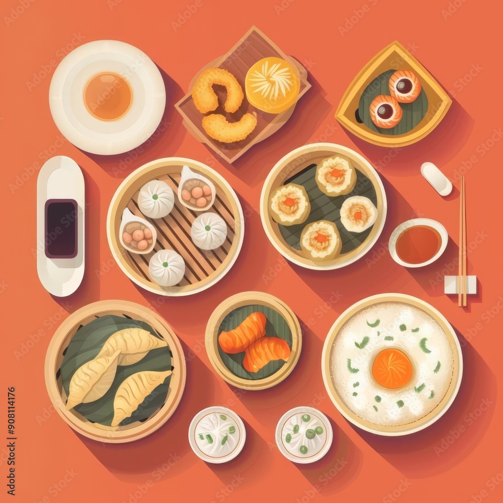 Dim sum flat design top view Chinese cuisine theme animation Triadic Color Scheme Dim sum flat design top view Chinese cuisine theme animation Triadic Color Scheme