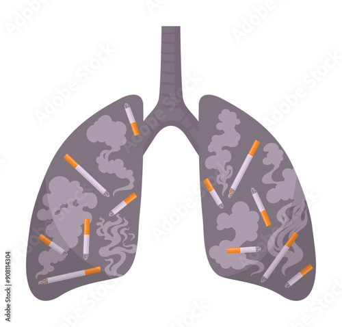 Cartoon smoke lungs. Unhealthy polluted respiratory system, environmental pollution human lungs metaphor flat vector illustration. Smokers lungs isolated on white