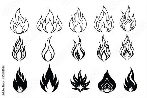 A modern vector set of black fire flame icons featuring isolated heat shapes, blazing silhouettes, bonfire, and flammable warning symbols. Perfect for logos, alerts, and signage