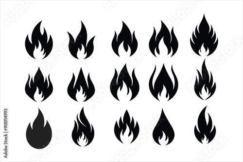 A modern vector set of black fire flame icons featuring isolated heat shapes, blazing silhouettes, bonfire, and flammable warning symbols. Perfect for logos, alerts, and signage