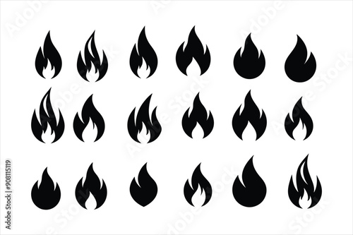 A modern vector set of black fire flame icons featuring isolated heat shapes, blazing silhouettes, bonfire, and flammable warning symbols. Perfect for logos, alerts, and signage