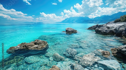 Breathtaking coastal scenery with turquoise water backdrop in summer theme