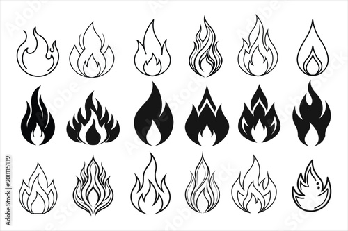 A modern vector set of black fire flame icons featuring isolated heat shapes, blazing silhouettes, bonfire, and flammable warning symbols. Perfect for logos, alerts, and signage
