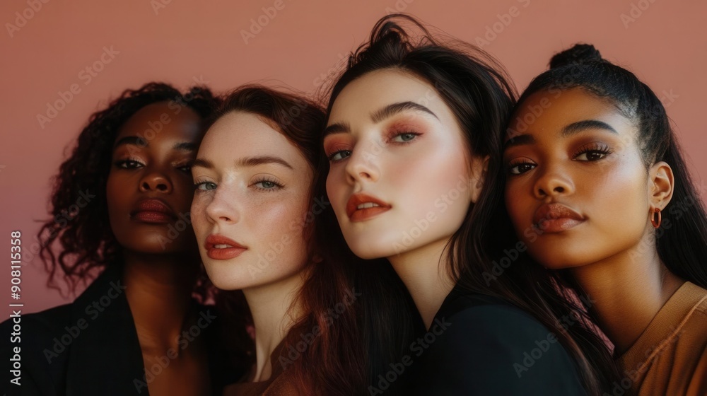 Group of diverse women posing confidently against a soft pink background, showcasing beauty and empowerment. Group of diverse women posing confidently against a soft pink background, showcasing beauty and empowerment.