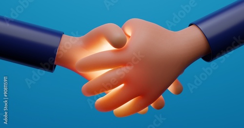 A handshake creates an exchange of energy, two people greet, glow between palms, cartoon hands of businessmen, 3d rendering