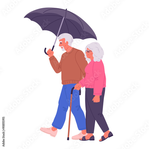 Elderly couple under umbrella. Senior man and woman walking under rain, old male and female characters holding umbrella flat vector Illustration. Couple walk in rainy weather