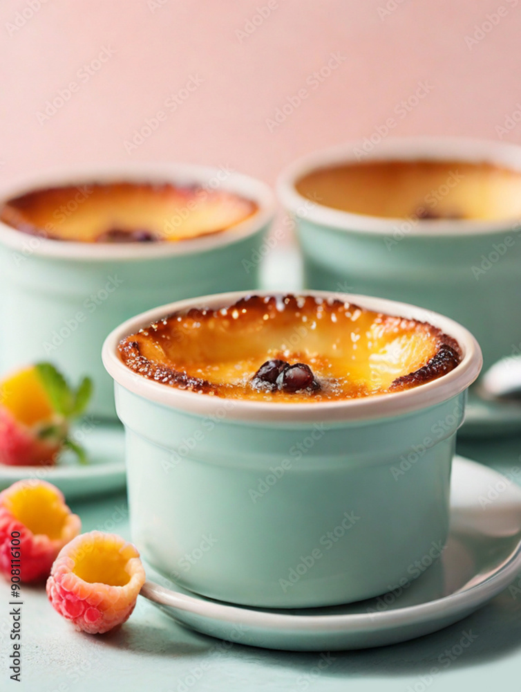 Creme Brulee, dessert consisting of a rich custard base topped with a layer of hardened caramelized sugar.