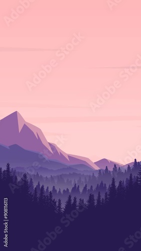 Misty Pine forest Mountain illustration vertical looping animation abstract background