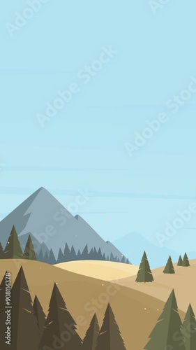 Pine trees and mountain wilderness illustration vertical looping animation abstract background