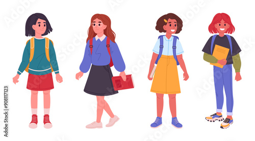 Female school students. Junior high or middle school girls with backpacks and books, happy friends going to school flat vector illustration set. Cartoon female school pupils