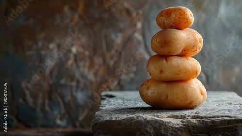 Agricultural, potato harvest, tradition, four unpeeled potatoes on a rustic stone slab photo