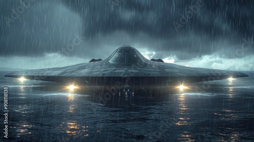 Future stealth aircraft flying over water at night, concept of military power, advanced technology, and aerospace innovation