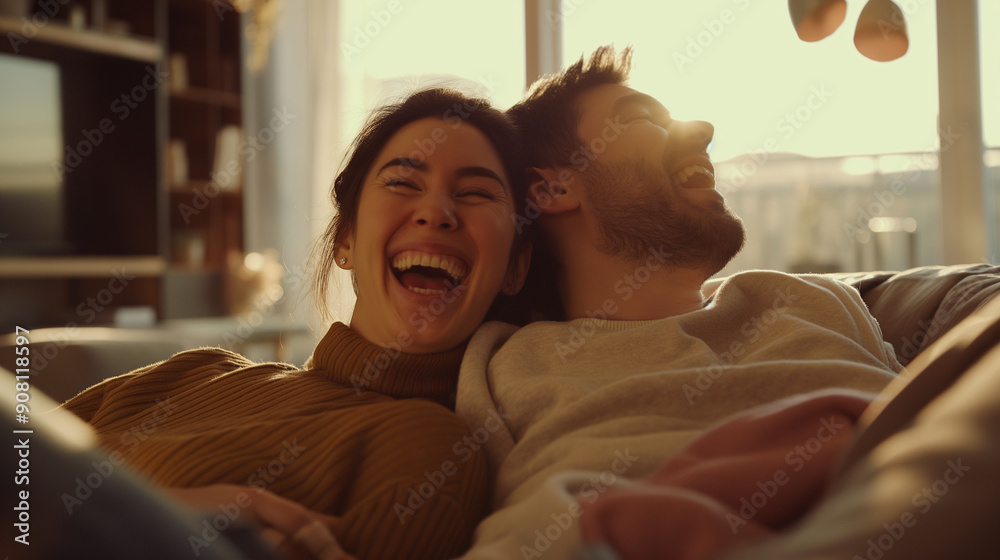 Laughing Couple Relaxing Together on Sofa in Sunlit Living Room Laughing Couple Relaxing Together on Sofa in Sunlit Living Room