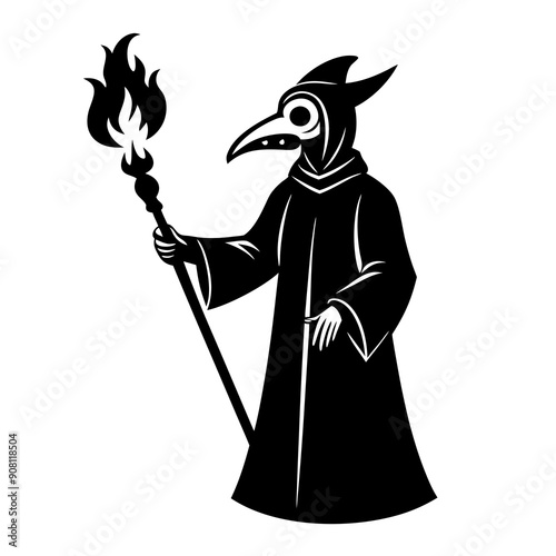 An ex libris of a plague doctor holding a wand of fire vector