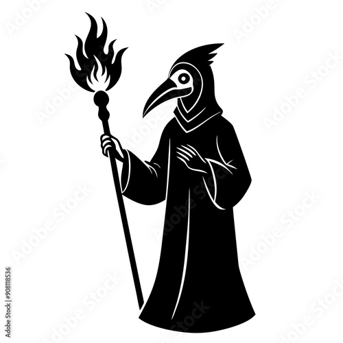 An ex libris of a plague doctor holding a wand of fire vector