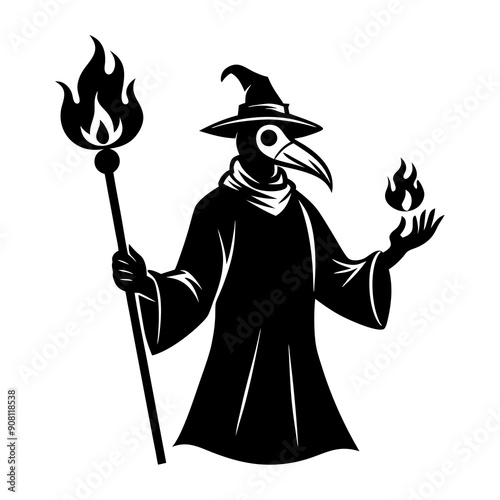 An ex libris of a plague doctor holding a wand of fire vector
