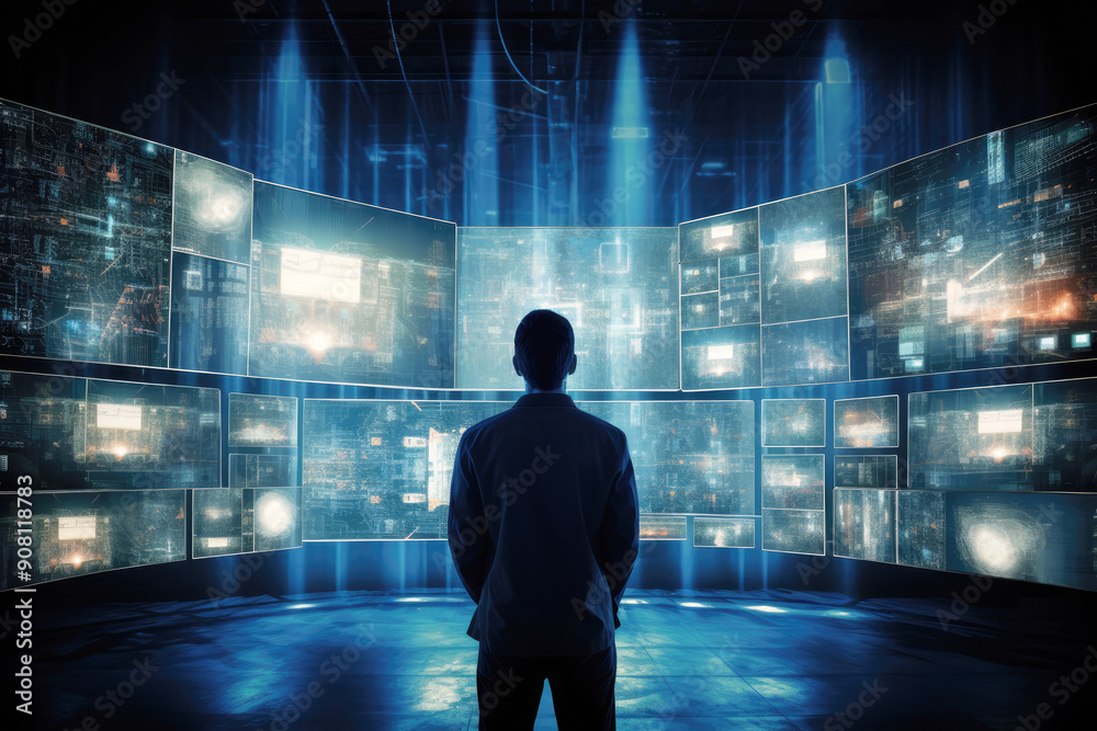 generated illustration of man watching multimedia wall generated illustration of man watching multimedia wall