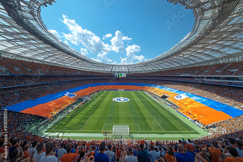 A crowded stadium with England and Netherlands flags at sunrise.