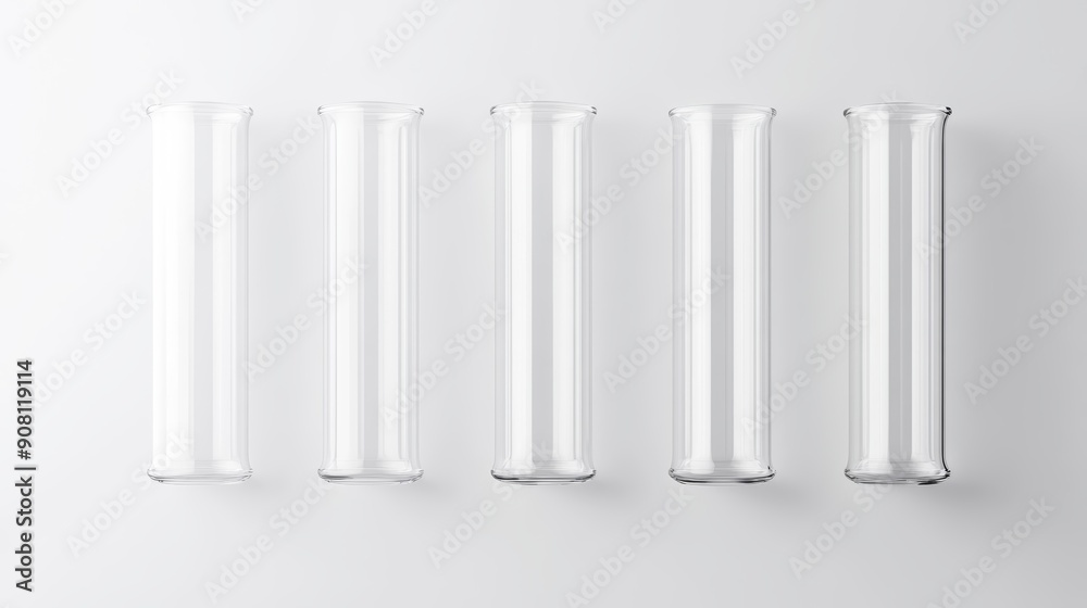 Set of glass test tubes, clean white backdrop, flat design illustration, copy space for text, high-resolution photo, realistic photo Set of glass test tubes, clean white backdrop, flat design illustration, copy space for text, high-resolution photo, realistic photo