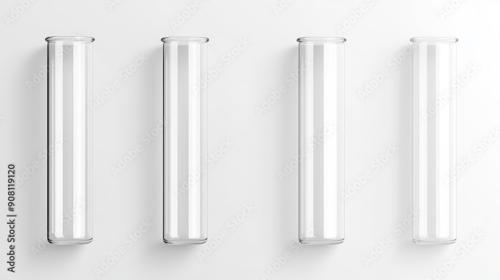 Set of glass test tubes, clean white backdrop, flat design illustration, copy space for text, high-resolution photo, realistic photo Set of glass test tubes, clean white backdrop, flat design illustration, copy space for text, high-resolution photo, realistic photo