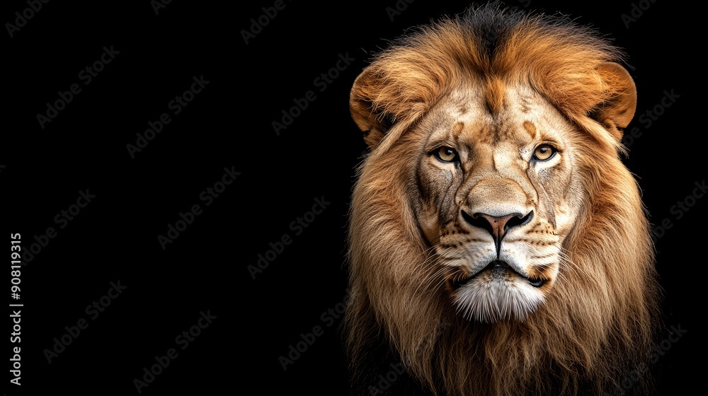 Close-up of a majestic lions face, its golden mane flowing, set against a solid black background, with striking focus on the intense eyes and textured fur Close-up of a majestic lions face, its golden mane flowing, set against a solid black background, with striking focus on the intense eyes and textured fur