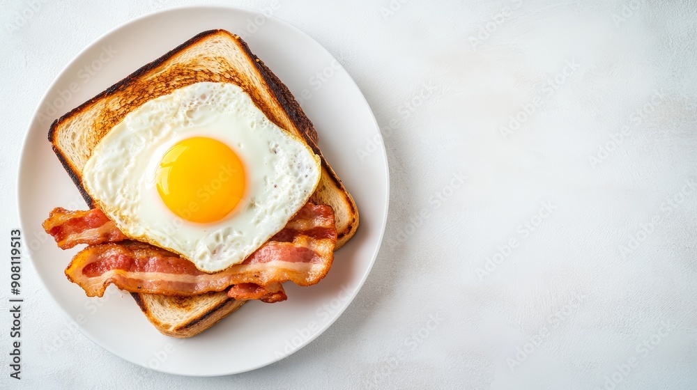 Crispy toasted sandwich with golden egg and sizzling bacon, served on a white plate against a light background, minimalistic breakfast setting Crispy toasted sandwich with golden egg and sizzling bacon, served on a white plate against a light background, minimalistic breakfast setting