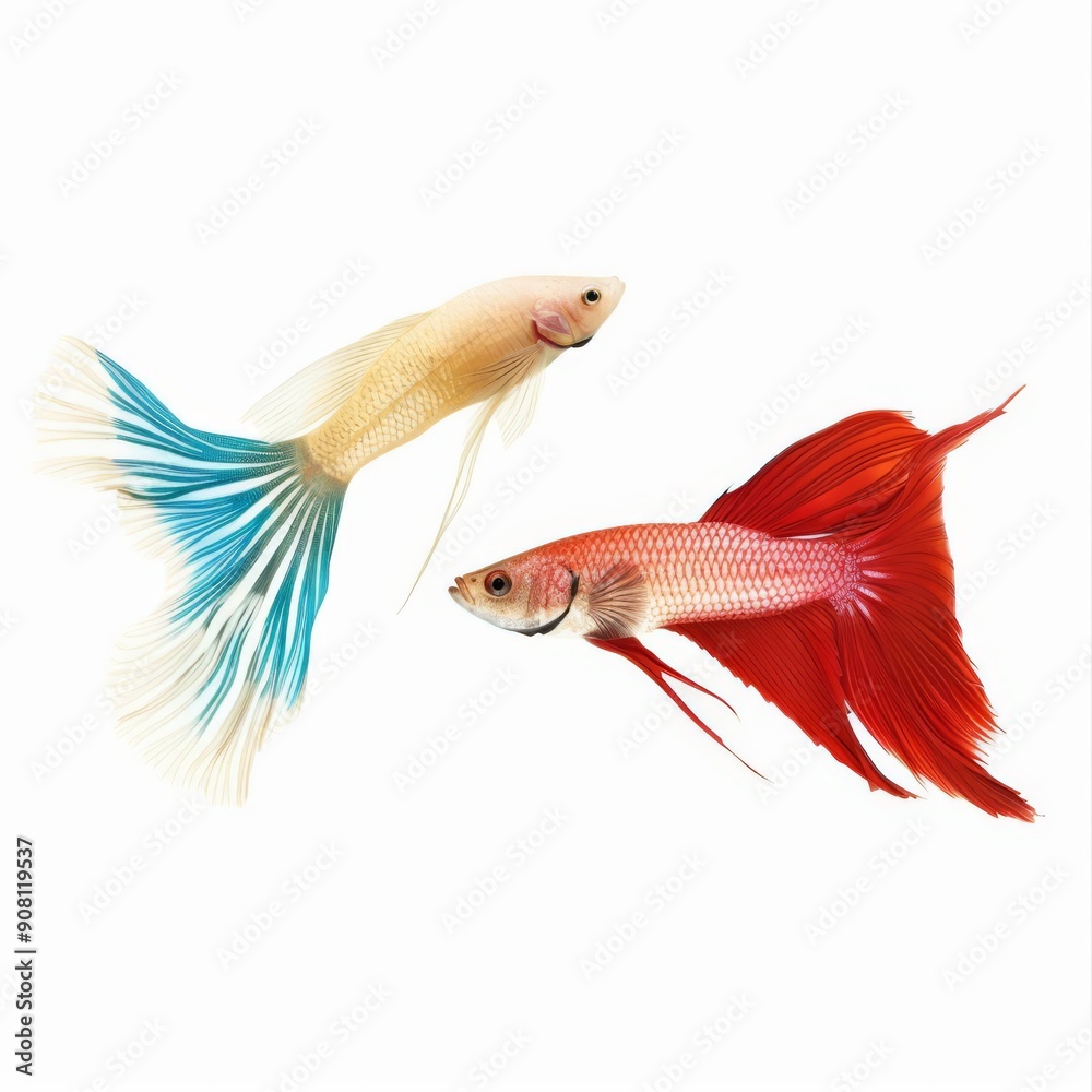 Obraz premium A fish, one side vibrant and swimming, other side lifeless and floating, realistic style, isolated on white background