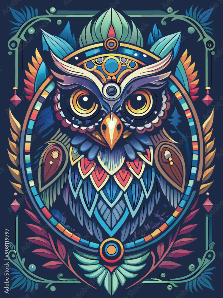 Fototapeta premium Colorful Abstract Owl with Ornate Feathers and Geometric Patterns